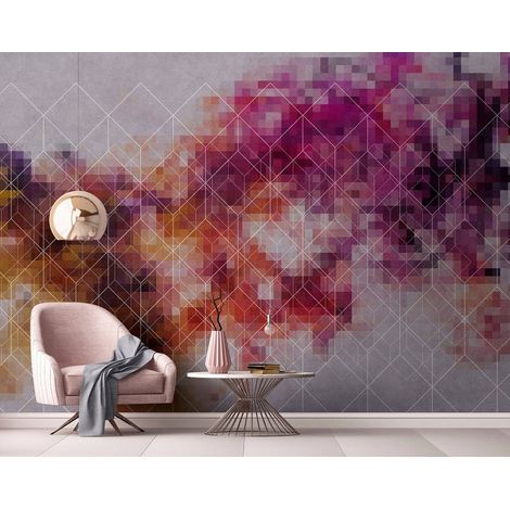 Papier peint panoramique géométrique original | Tapisserie panoramique graphique rose & orange | Papier peint panoramique pour cage d'escalier - 270 x 400 cm (4 pièces) (1/5)