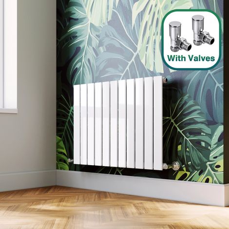 ELEGANT 600 x 836 mm White Designer Radiators Horizontal Single Flat Panel Modern Radiator Heater + Angled Radiator Valves (1/5)