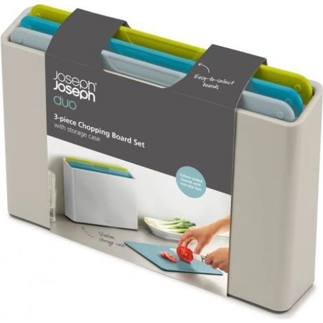 Juego de Tablas de Cortar Joseph Joseph Duo con Estuche, 3 Piezas, Antideslizantes, Apta para Lavavajillas, para Carne, Verduras y Pan, Diseño Compacto, Prevención de Contaminación Cruzada