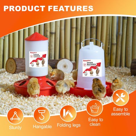 Mangeoire et Abreuvoir pour Poussins 0,4 Gal - Kit d'Alimentation Volaille Réglable en Hauteur avec Pieds Pliables pour Basse-Cour et Oisillons (1/5)