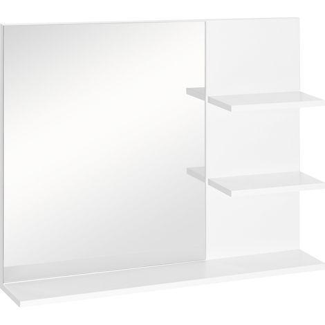Espejo de baño con estantes integrados: 2 estantes laterales + estante inferior grande. Kit de instalación incluido. Fabricado en MDF blanco, perfecto para el almacenamiento en el baño. (1/5)