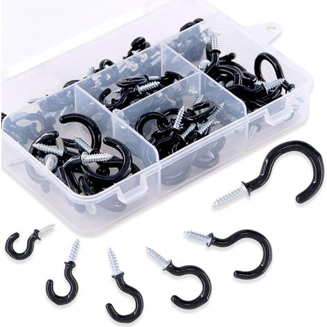 Lot de 100 crochets noirs de 6 tailles avec vis de plafond revêtues de vinyle pour la maison, le bureau et le lieu de travail – 1,27 cm, 1,5 cm, 1,9 cm, 1,9 cm, 2,5 cm, 3,8 cm (noir) (1/5)