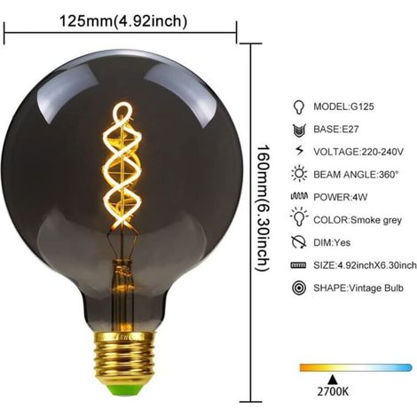 G125 Curved LED Filament Bulb E27 Screw Base 220/240V Dimmable, Glass ...