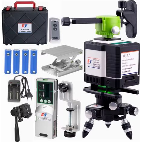 Niveau laser 3D, 12 lignes, avec fonction d'autonivellement, avec base rotative et accessoires, idéal pour accrocher des tableaux et poser du carrelage (4 piles)
