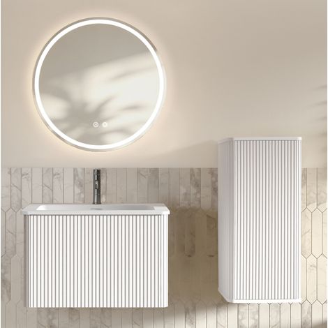 Mueble de baño con lavabo, espejo LED redondo de 60 cm y columna mural, blanco DESVIAE (1/5)