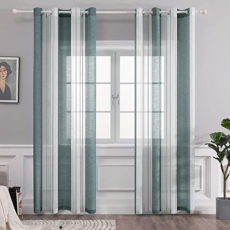 Rideaux voilages à rayures blanches et gris-vert, adaptés aux fenêtres de chambre ensemble de deux pièces, 140 cm de large et 245 cm de haut. (1/5)