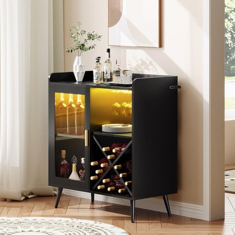 Small Bar Cabinet with LED Lights, Acrylic Door & Wine Rack, Coffee Bar with Cup Holders, Sideboard for Home Bar, Dining Room, Living Room, or Kitchen