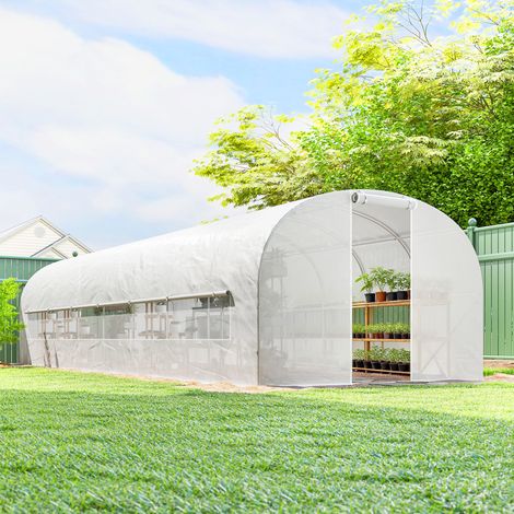 Serre Tunnel de Jardin 24m² - Cadre Acier Galvanisé, Portes + 2 Grandes Fenêtres, Blanc