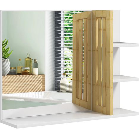 Miroir mural de salle de bain avec 3 étagères latérales 1 étagère inférieure en bambou 45 x 15 x 58,5 cm blanc (1/5)