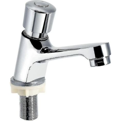 Robinet de lavabo à temporisation chromé à fermeture automatique, économie d'eau, pour cuisine et salle de bain, couleur argent. (1/5)