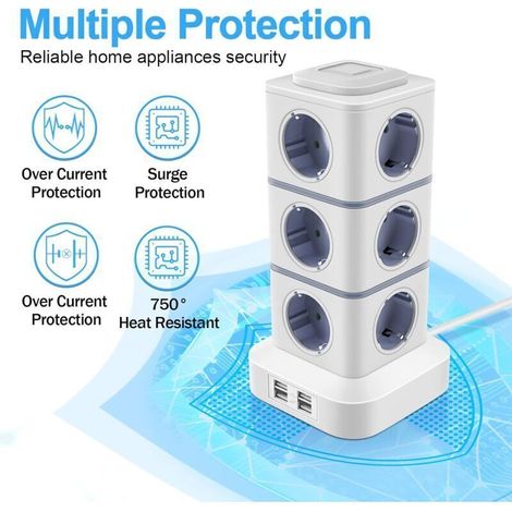 Bardusch - Multipresa USB da 3 m, 2500 W, 12 porte ignifughe ad alta temperatura, 4 porte USB per ricarica rapida, multipresa a torre con protezione contro i fulmini e per bambini. (1/4)