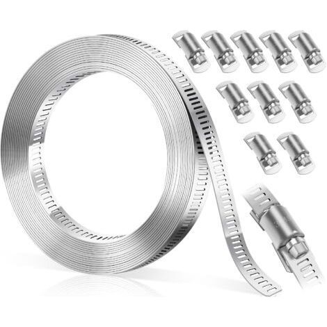 FENOPLASTICA3 Mètres Collier de Serrage Inox DIY, Bolatus Collier De Serrage Métallique Réglables avec 10 Pièces Attache, pour Tuyaux, Gaz, Voiture, Jardin Argenté (1/5)