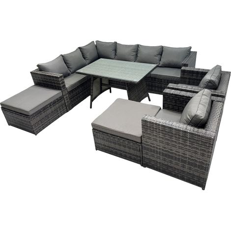 Fimous 10-seater Outdoor PE Rattan Sofa Set with Dining Table Patio Garden Furniture Sets with 2 Chair 2 Big Stools Dark Grey Mixed (1/5)