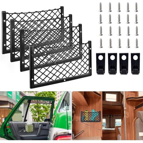 Lot de 4 filets à bagages 36 x 18 cm, filet de rangement pour voiture avec crochets et vis, filet de coffre universel pour camping-car, bateau, maison, SUV. (1/4)