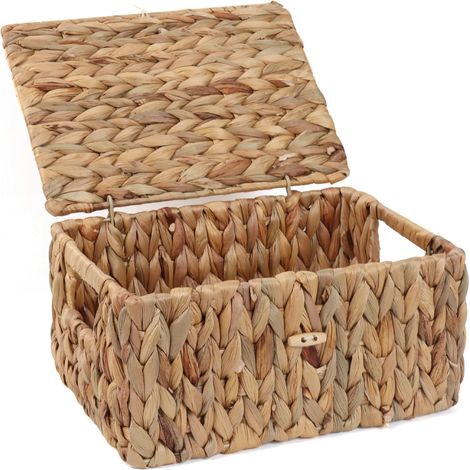 FEIALNDUO Paniers rectangulaires en osier avec couvercle, panier de rangement en jonc de mer pour la maison et le bureau (naturel, taille S)