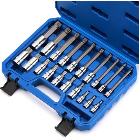 Lot de 20 douilles à embout cannelé et triple douille carrée XZN, 1/2", 3/8" et 1/4", M4-M18, inviolable à 12 points, acier CR-V et S2 (1/5)