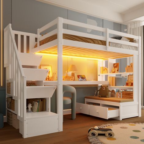 DESVIAE Lit mezzanine 90 x 200 avec bureau étagères tiroirs et escalier de rangement bois blanc (1/5)