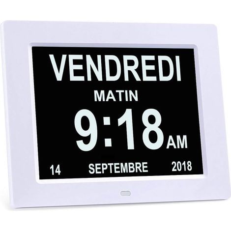 Digitale 8-Zoll-LCD-Uhr mit Kalender, Datums-, Wochentags- und Zeitanzeige. Alzheimer-Uhr für Senioren, ideal für Eltern (weiß). (1/5)