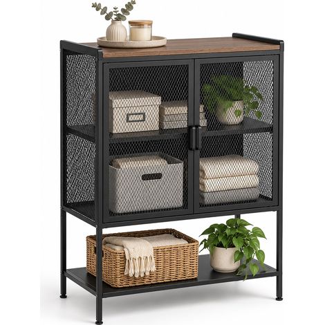 Relaxdays armoire métallique H x L x P : 99,5 x 63 x 34 cm, 2 portes, 4 niveaux, aspect bois, noir/brun (1/5)