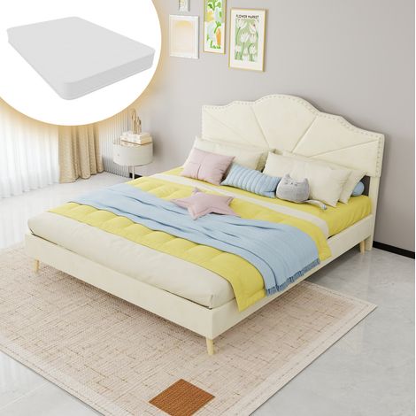 Cama tapizada (200x160x156 cm), cabecero geométrico con tachuelas, somier de láminas, tejido beige (1/5)