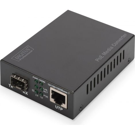 DIGITUS Convertisseur de médias PoE at SFP 10/100/1000Base-T vers Fente SFP Ouverte PSU Inclus 30 W PoE sans