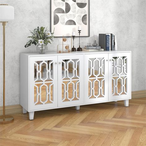 Fortuna Lai – Buffet blanc 160x40x84cm – 4 portes miroir – Panneaux MDF – Poignées en cristal – Pour salon et salle à manger (1/5)