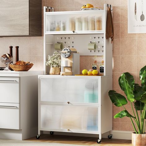 GOPLUS Buffet de Cuisine 80x40x160CM avec Rangement sur 5 Niveaux-Portes Battantes-Crochets Supérieurs-Panneau Perforé,Blanc (1/3)