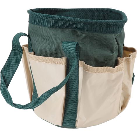 Sac à outils de jardin rond à 6 poches en tissu Oxford, vert et crème, pour hommes et femmes jardiniers.