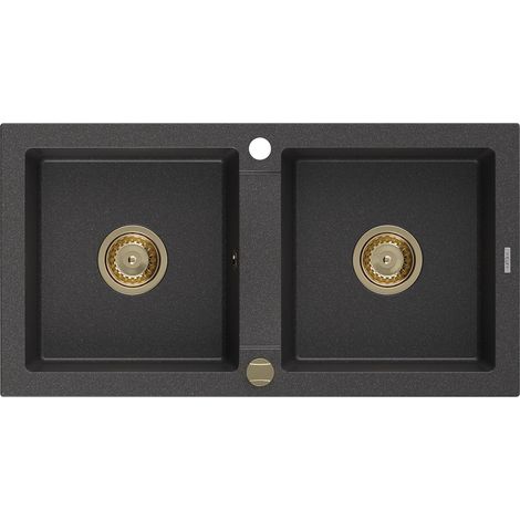 Mexen Mario évier en granit à 2 cuves 820 x 436 mm, Noir moucheté, siphon Or - 6504822000-76-G (1/5)