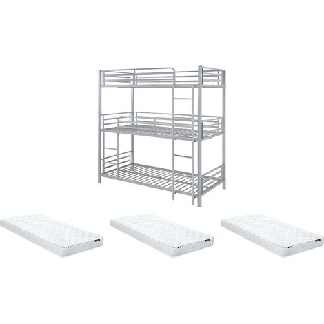 Vente-Unique – Lit superposé triple 3 places 90 x 190 cm – Métal argenté avec sommier – Charge max 150 kg – Compatible matelas 90 x 190 cm (1/5)