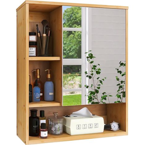 Armoire de salle de bain à miroir murale en bambou pour économiser de l'espace - Armoire à pharmacie à suspendre au-dessus des toilettes avec porte miroir et étagère réglable (naturel)