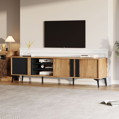 Meuble TV 180 cm marron et noir, 3 portes, 4 niches ouvertes, passe-câbles, pieds métal réglables, pour TV jusqu'à 80 pouces (1/5)