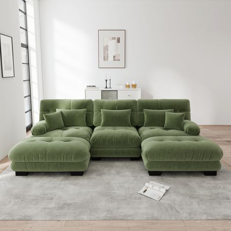 Canapé modulable en U vert en chenille avec ottomans mobiles et assise profonde (1/5)