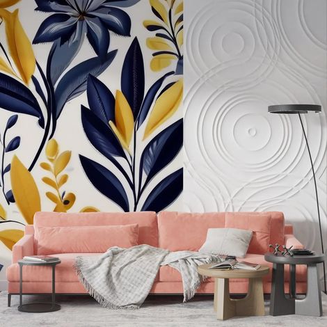 Papier peint floral feuillage bleu et dore 1 - 300 x 250 cm (1/2)