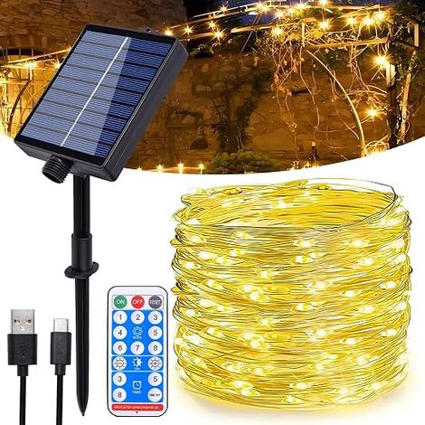 Outdoor Solar Fairy Lights, 10 m 100 LEDs Copper Wire Weatherproof IP65, 8 Modes with Remote Control, Warm Yellow for Garden, Balcony, Terrace, Party (1/5)
