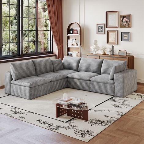 Sofá modular Cloud - 260 x 250 cm - Tejido de terciopelo acanalado, diseño de doble capa, cojines extraíbles, sin montaje - Gris oscuro (1/5)