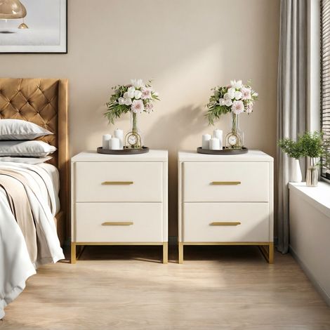 Lot de 2 tables de chevet en velours beige–40 x 40 x 50 cm–Avec 2 tiroirs–Poignées et pieds dorés–Scandinave–Tables d'appoint pour salon/chambre (1/5)