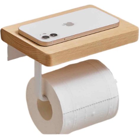 Porte-rouleau de papier toilette mural en bois massif blanc, sans perçage, style japonais créatif (1/5)