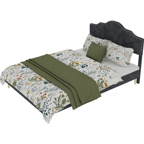 Lit moderne minimaliste, tête de lit confortable et douce, 160200CM, gris, mobilier de chambre multifonction, cadre de lit bas sans vérin à gaz, sans matelas. (1/5)