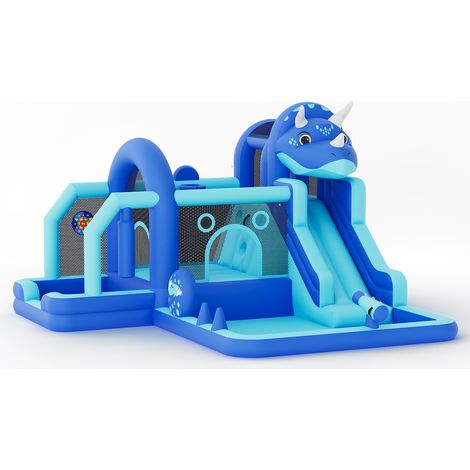 Château gonflable dinosaure : Jeu int/ext avec toboggan aquatique, mur d'escalade, tissu Oxford, Souffleur inclus, Capacité 113kg. (1/5)