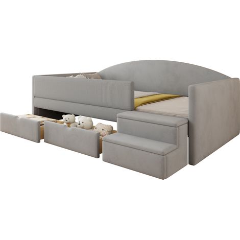 Cama infantil tapizada de terciopelo gris claro 90x190 cm con 2 cajones, barandilla acolchada y escalones (1/5)