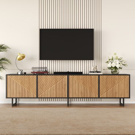 Meuble TV 4 portes 180x40x50 cm, grand meuble bas salon design coque thermoformé, adapté TV 80 pouces, couleur bois naturel et noir