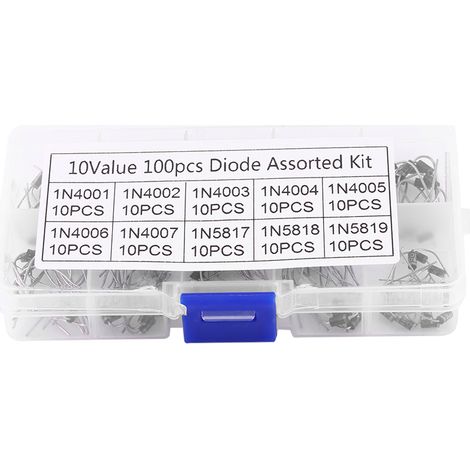 Elektronik-Sortiment mit 100 Gleichrichterdioden (1N4001 bis 1N4007 und 1N5817 bis 1N5819) inklusive Box, 10 verschiedene Werte