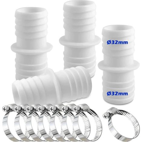 Lot de 4 raccords de tuyau de 32 mm avec 8 colliers de serrage pour piscine - Adaptateur de tuyau double (blanc)