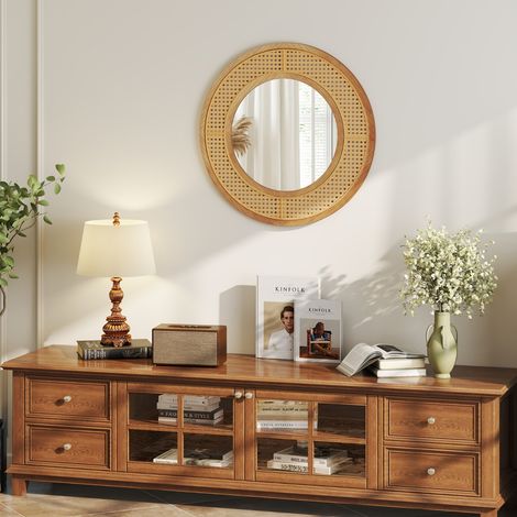 Miroir Mural Rond en Rotin Miroir à Cadre en Bois de 65 cm avec Verre en Aluminium Crochet Métallique et Vis d'Expansion Naturel (1/3)
