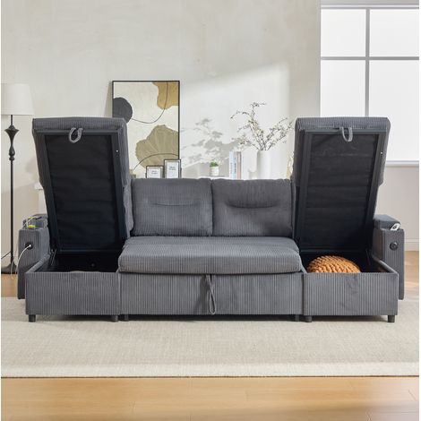 Divano 4 posti in velluto a coste, 2 chaise longue, convertibile, grigio antracite HAVRYA (1/5)