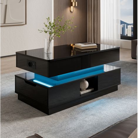 Table basse relevable avec rangement, LED et prise intégrée, noire HAVRYA (1/5)