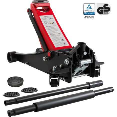 AREBOS Hydraulischer Rangierwagenheber 3 Tonnen – extra flach 75 mm, Doppelhub-System, Hubhöhe bis 505 mm, mit Gummiauflagen, Schmiernippel & Ablagefach