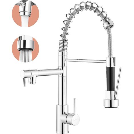 Robinet de cuisine - Robinetterie de cuisine avec douchette extractible, pivotant à 360°, mitigeur haute pression pour cuisine, robinet d'évier de cuisine double pulvérisation en acier inoxydable (1/5)