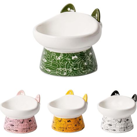 Raised Ceramic Cat Bowl, Elevated Kitten Food Bowl for Indoor Cats, Raised Cats Dish, Wide Deep Cat Dish with Two Ear Mixing Spoons, Whisker Fatigue, Easy to Clean (Green) (1/5)